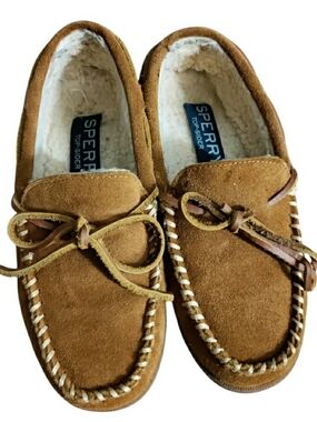 Sperry Topsider Leather Moccasin Shoes Plush Lined Cognac Brown Suede